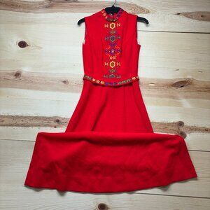 Vintage Lanz Dress Size 4 Red Vintage High Mock Neck Embroidered A-Line Maxi